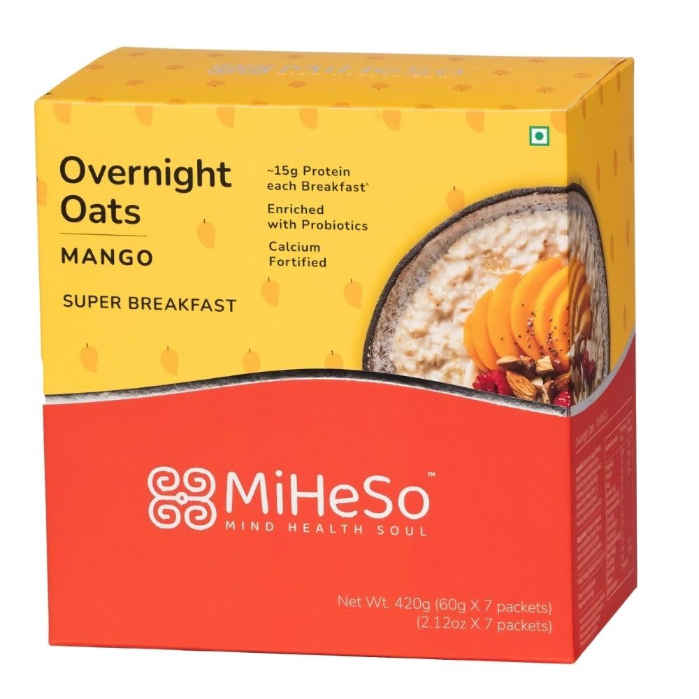 MiHeSo Overnight Rolled Oats Mango Flavour 420 G | Healthy Oatmeal Breakfast Within 15 g High Protein, Calcium & Fibre | Diet Food For Weight Loss For Women & Men | No Refined Sugar | Gluten Free
