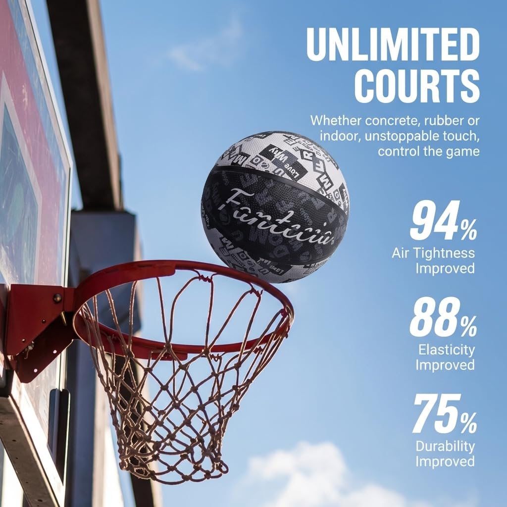 Pallone da basket con pompetta in graffiti bianco e nero, misura 5, perfetto per lo street style