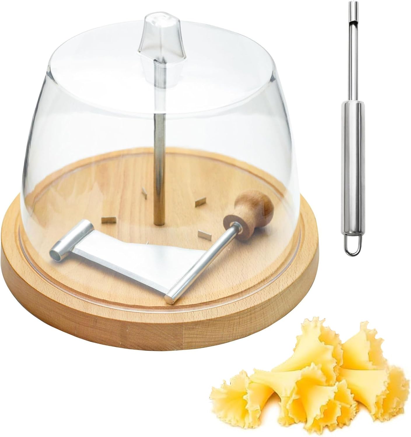 Cheese Curler Wheel - Stainless Steel Cheese Shaver With Wood Base, Manual Handheld Flower Maker Wheel Slicer for Cheese Curler and Chocolate,Cheese Flower Cutter (with lid)