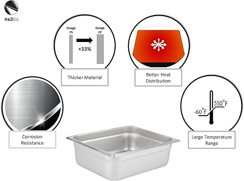 Miniatura 4 de NADDA Bandeja de mesa de vapor antiatascos de tamaño 12, paquete de 6 sartenes de acero inoxidable para calentador de alimentos comerciales,