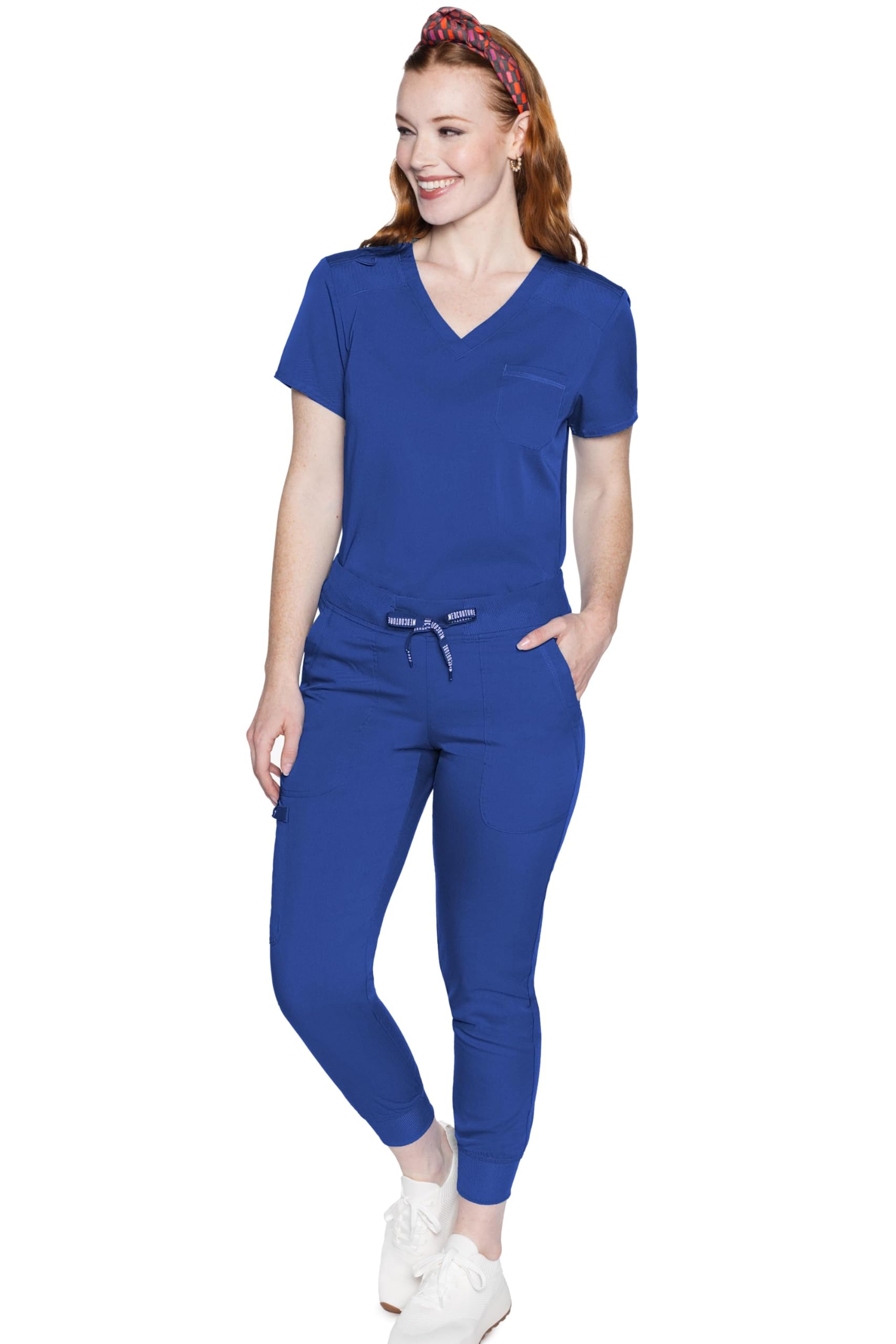 Med Couture Conjunto de uniforme médico para mujer con cuello en V MC7448 y pantalones elásticos en 2 direcciones 7710, Royal- 2XL Top/XL pantalón