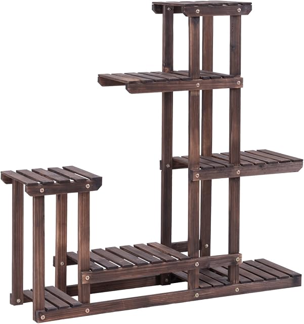 COSTWAY 6-Tier Floor-standing Flower Rack, Wood Plant Stand 10 Pots Bonsai Display Storage Shelf, for Indoor Outdoor Yard Garden Patio Balcony Living Room(Type 3: 6-Tier 10 Pots)