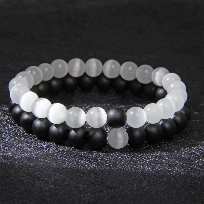 Image of MEENAZ Bracelet for Women Men boys Fashion White Black Beads Bracelets Couple Bracelets Strechable Adjustable Jewellery Birthday Gift Anniversary Wife Husband Stone Couples Combo Best Friend black 362