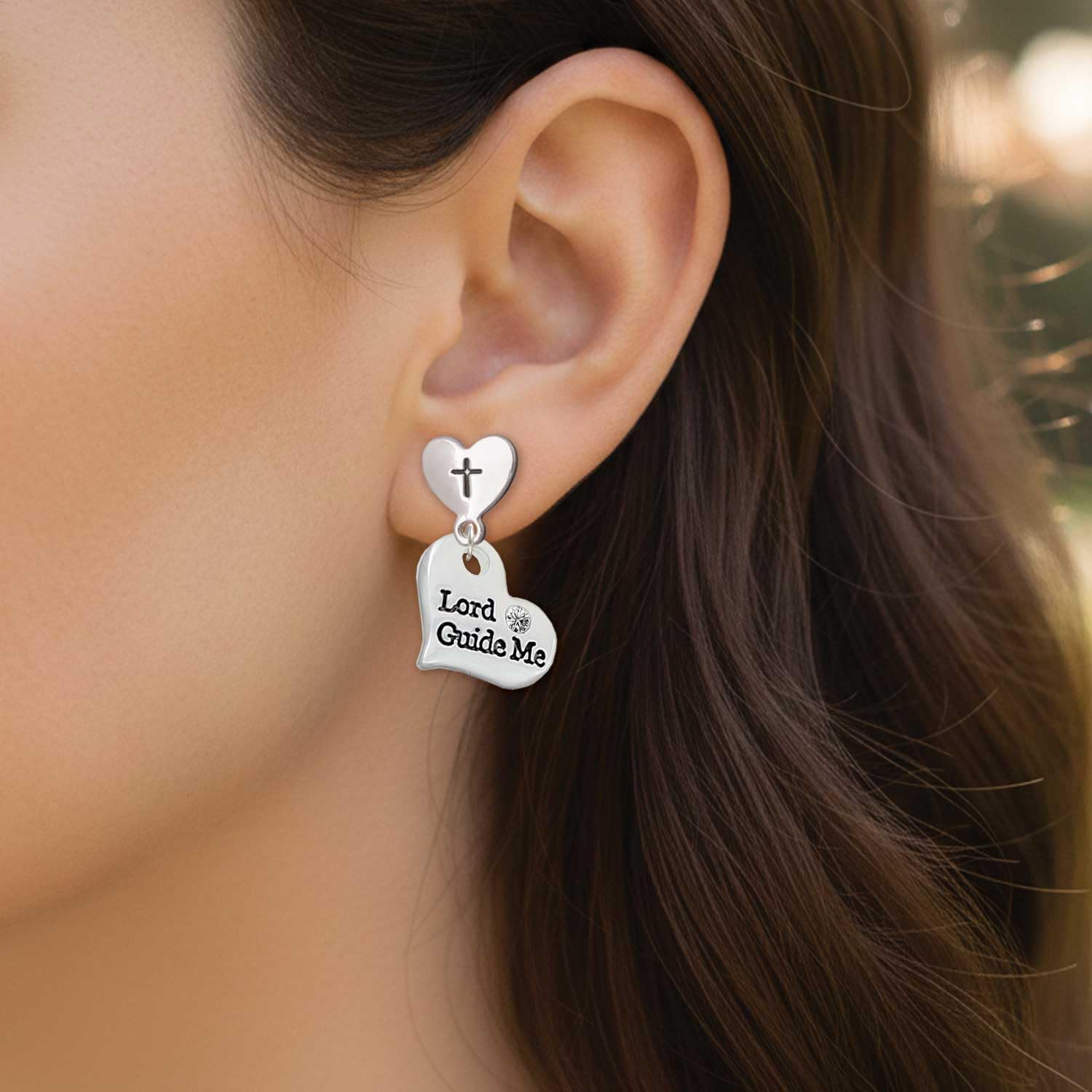 Delight Jewelry Silvertone Large Message Heart Cross in Heart Post Dangle Earrings
