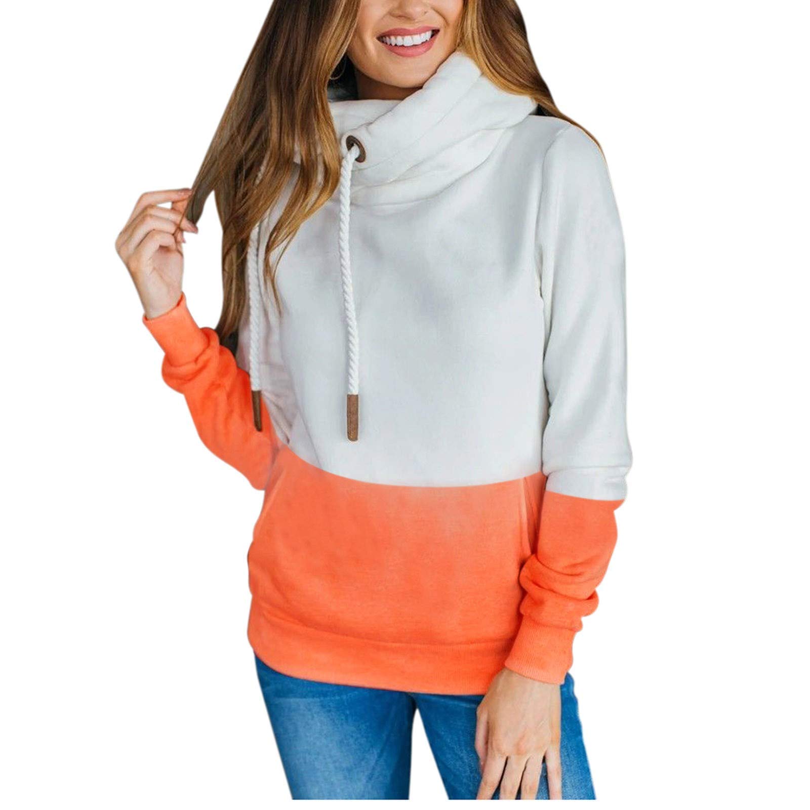 Bluzy dla kobiet, okrągły dekolt kolorowy blok patchworkowa jesienna bluza z kapturem bluzy ciepła podstawowa damska bluza z kapturem pulower
