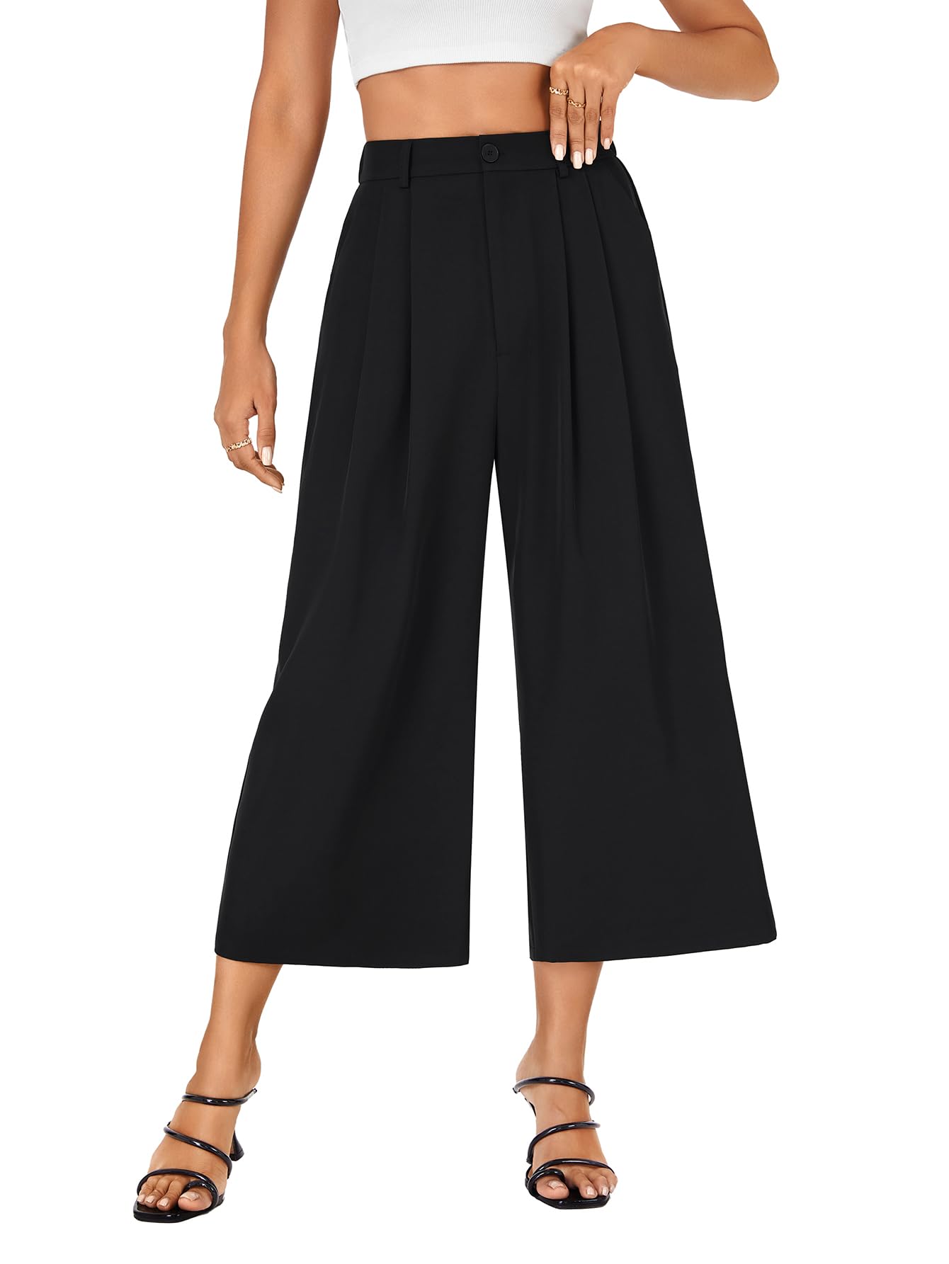 Vrtige Womens High Waist Pleated Wide Leg Cropped Trousers Pants with Pocket