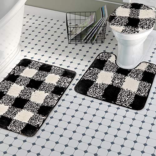 Haocoo Buffalo Plaid Bathroom Rugs 3 Piece Shaggy Bath Mat Set Thick Soft Absorbent Microfiber With U-Shaped Contour Rug, Toilet Lid Cover & Rectangle Non-Slip Machine-Washable Rug For Tub Shower #TOP4