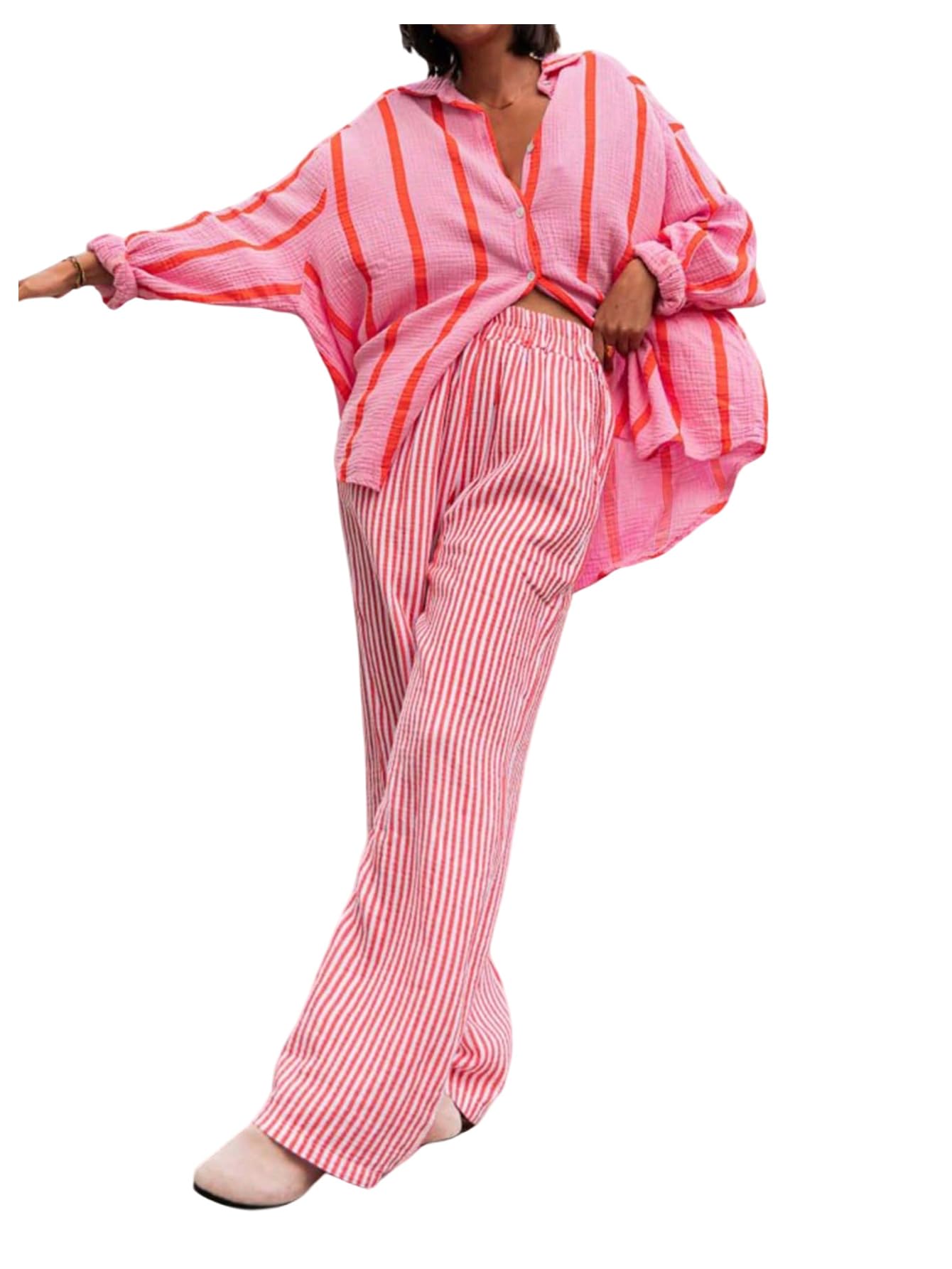 Verdusa Womens Linen Pants Striped Pants Streetwear Vacation Straight Leg Loose Trousers