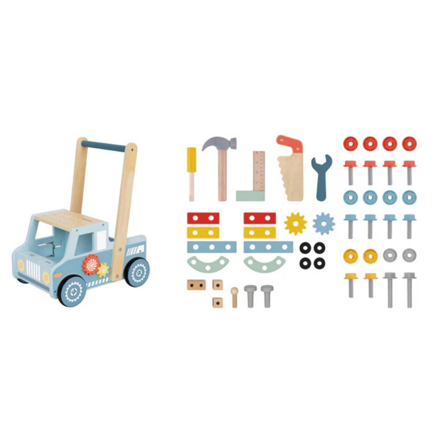 TOOKY TOY Wózek spacerowy z drewnianym stołem warsztatowym FSC - Chodzik dla dzieci z narzędziami i akcesoriami, edukacyjna zabawka montessori, rozwija zdolności motoryczne, poznawcze i społeczne