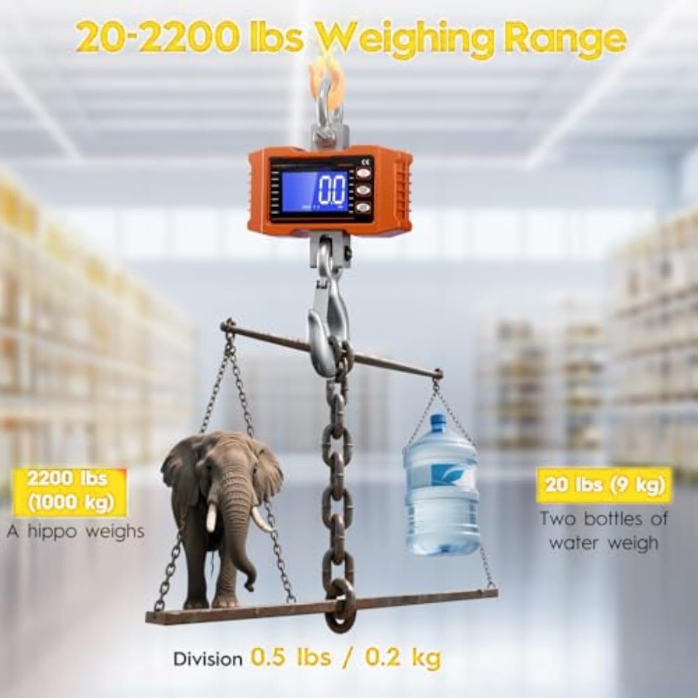 Báscula industrial de grúa de 1000 kg, báscula electrónica de elevación de visión directa, control remoto inalámbrico, color naranja, pesaje alimentado por pilas