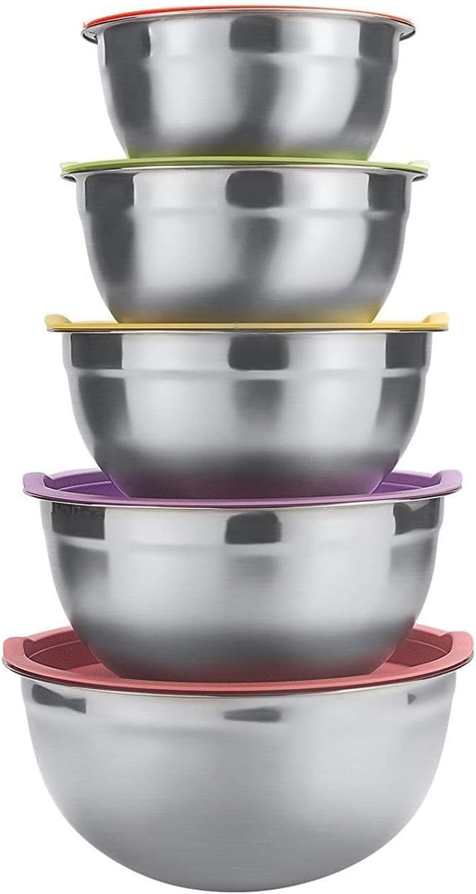 Raking Stainless Steel Mixing Bowls Set Premium Nesting Bowls with Lids - Set of 5 Large Stackable Kitchen Bowls - 1.1, 1.6, 2.2, 2.8, 3.9 Liters (Silver)