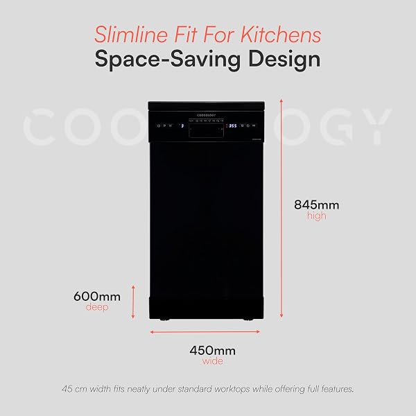 Cookology CFSD4510 Slimline Freestanding Dishwasher in Black - 45cm Width - Compact Design - 10 Place Settings - 6 Wash Cycles - LED Control Panel - 8 Hour Delay Timer - Ideal for Small Families - 4