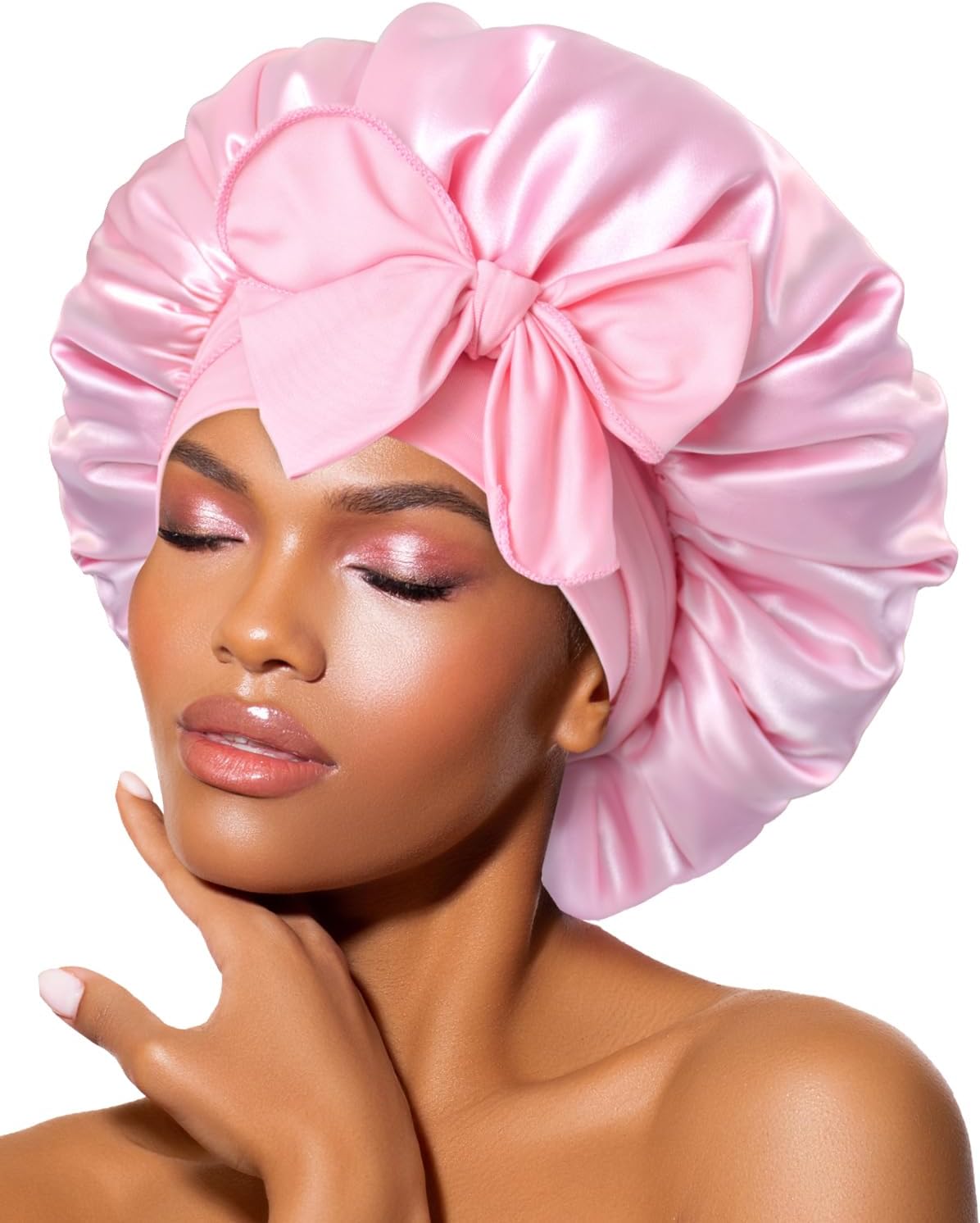 Silk Bonnet for Sleeping Satin Hair Bonnet Adjust Bonnet Pink Bonnets Sleep Bonnet for Women Girls Night Bonnets for Natural Curly Hair