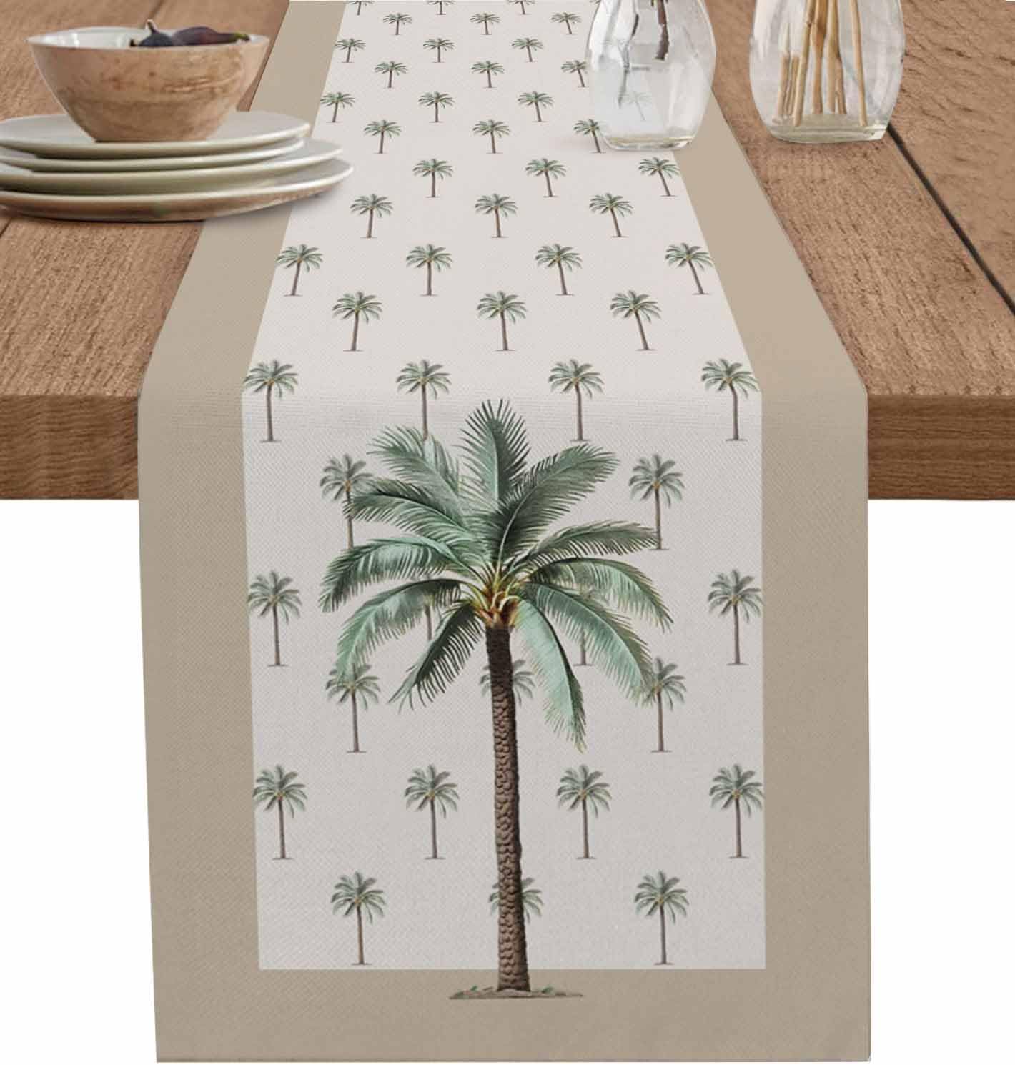 Summer Palm Tree Table Runner 72 Inches Long for Dining Decor,Farmhouse Green Tropical Plants Burlap Linen Farmhouse Table Runner Washable Coffee Tablerunners Dresser Scarf for Kitchen Party Holiday