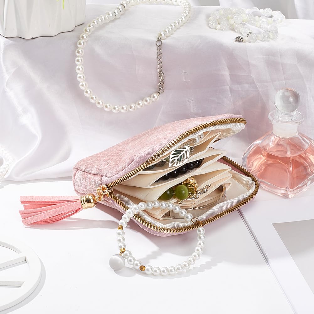 Pink Portable Jewelry Case with Independent Layers Velvet Small Travel Bangle Organizer Pouch Tassel Zipper Bags Packing for Necklaces Bracelets Rings Earring Storage Women Gifts Supply image 4