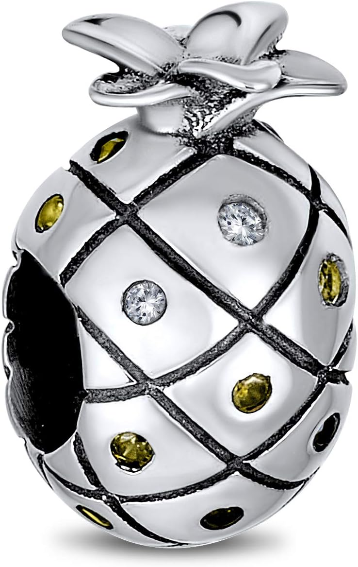 Bling Jewelry Tropical Vacation Pineapple Fruit Golden CZ Travel Charm Bead For Women .925 Sterling Silver Fits European Bracelet