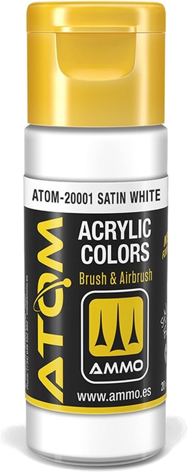 AMMO of Mig Jimenez S.L Atom: Satin White Acrylic Paint 20ml Bottle
