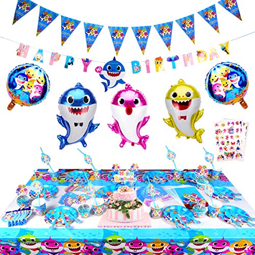 289 Pcs Baby Cute Shark Party Supplies Set,Shark Baby Birthday Decoration-Disposable Tableware Cake Topper Gift Bag Pennant Plates Spoon Cups Napkins Straws Shark Tattoos Kids Carnival Party Supplies