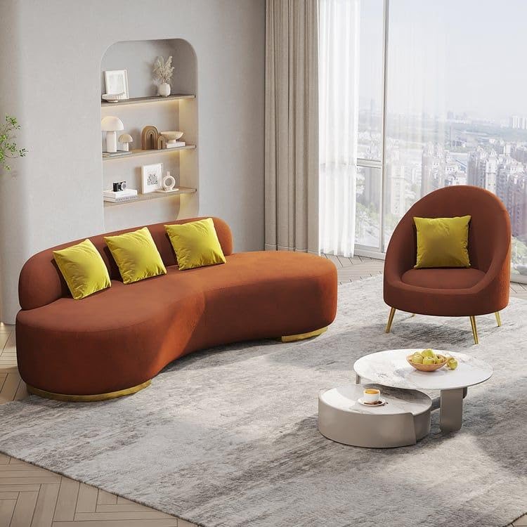 Image of LEGACY OF COMFORT Tara Upholstered Curved Sofa Living Room Set 3 Seater Sofa with 2 Chairs (Orange)