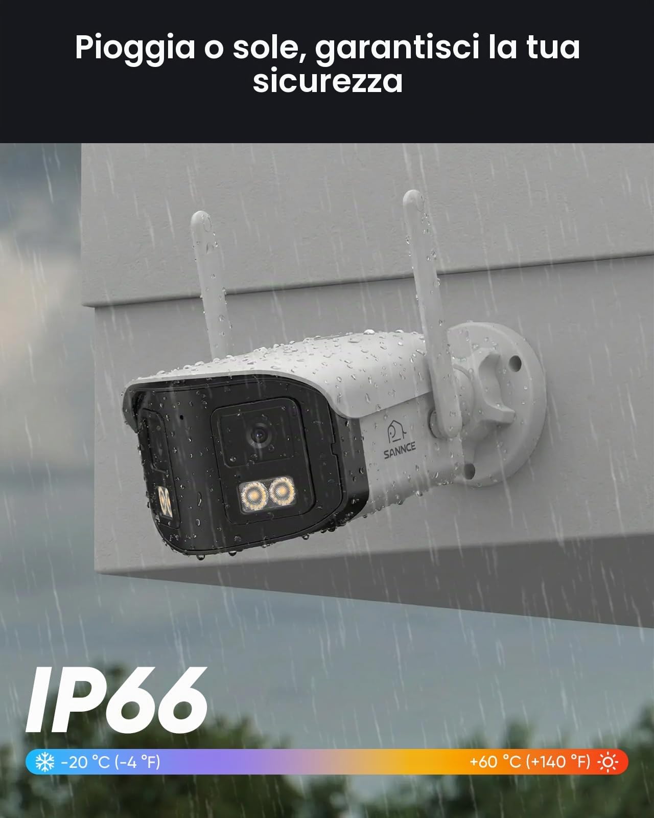 SANNCE 4MP Telecamera Wi-Fi Esterno & Interno Doppia Lente con 64GB microSD | Videocamera Sorveglianz WiFi 6 con 170 ° Grandangolare, Visione Notturna Colori, Audio a 2 Vie, Rilevamento Umana, Zoom 10X