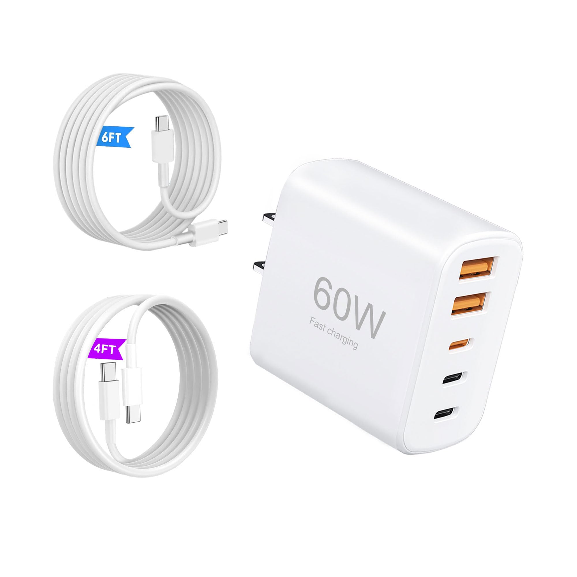 60W USB-C Fast Charging Kit (Includes Cables: 4ft + 6ft), 5-Port Wall Plug Power Adapter, Compatible with iPhone 17/16/15/Pro Max Series, iPad, Samsung S25/S24