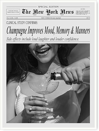 Póster de periódico Champagne and Headlines, impresión retro para decoración de carrito de bar, dormitorio universitario feminista, arte de pared,