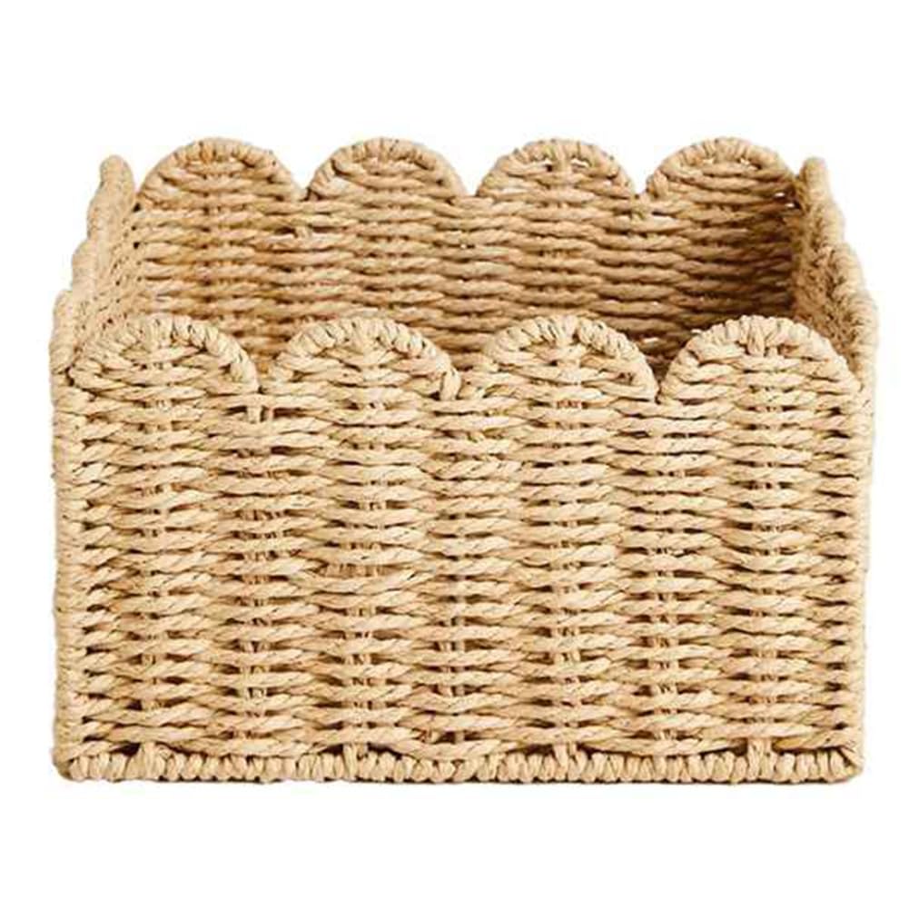 Sunmeit Scalloped Edge Basket, Wicker Storage Baskets,Handwoven Organizing Baskets For Shelves, Paper Rope Design