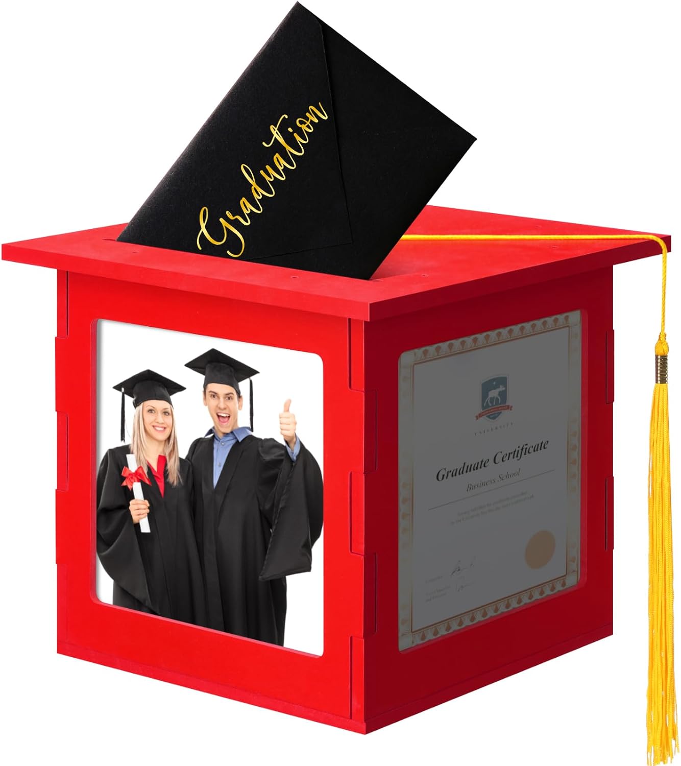 Menkxi 2026 Wooden Graduation Card Box Holder for Party with Picture Frame Graduation Cap Shaped Gift Card Box Decorations with Tassel for Grad College Party Favors(Blue)