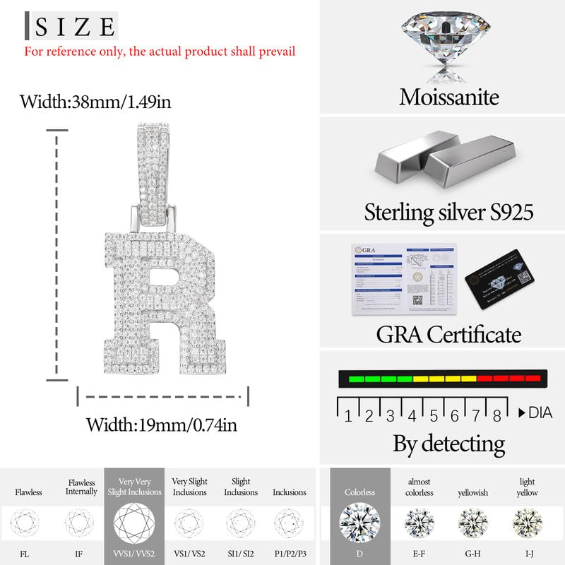 YIMERAIRE Moissanite Iced Out Letter Pendant Necklace 925 Sterling Silver Iced Out Moissanite R Initial Letter Pendant Necklace For Men Women3