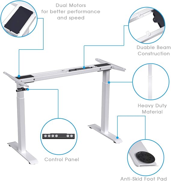 Kingdely Desk Stand Up Frame - Dual Motor Height Adjustable Standing Base Workstation with Memory Controller, White Frame Only