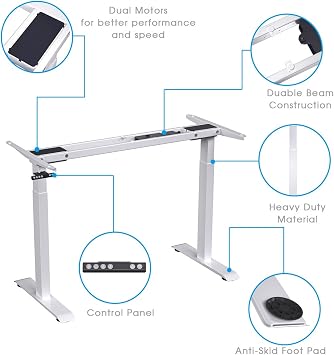Kingdely Desk Stand Up Frame - Dual Motor Height Adjustable Standing Base Workstation with Memory Controller, White Frame Only