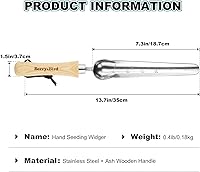 Vista 2 de Berry&Bird Widger para sembrar, herramienta de plantador de semillas de acero inoxidable con escala de medición, mango de madera, pala de bulbo