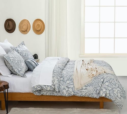 Miniatura 5 de Juego de funda de edredón tamaño Queen, funda de edredón de 90 x 90 pulgadas + 2 fundas, juego de ropa de cama de algodón con patrón botánico azul y