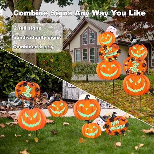 Fovths 6 Pieces 38.2 Inch Metal Halloween Pumpkins Yard Signs with Stakes Waterproof Solar String Lights Pumpkin Ghost Witches Hat Stakes for Halloween Theme Party Outdoor Garden Lawn Decor by Fovths - Image 5