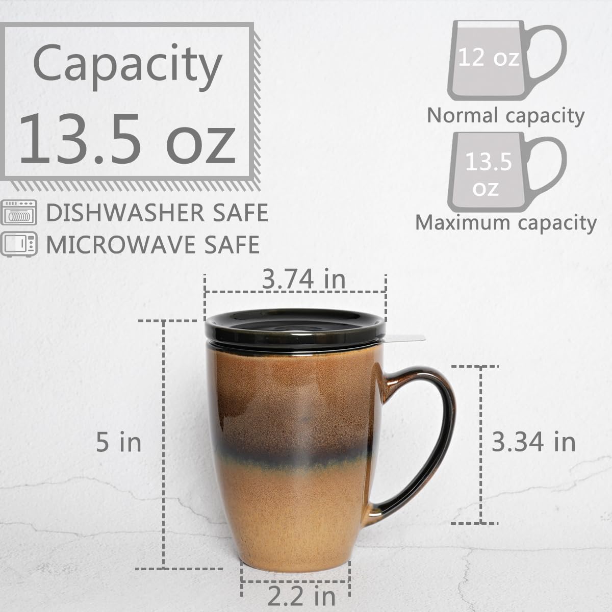 Bosmarlin Ceramic Tea Cup with Infuser and Lid, 13.5 Oz, 5 Colors to Choose, Microwave and Dishwasher Safe, Steeping Tea Mug with Strainer, Reactive Glaze (Walnut) - Image 2