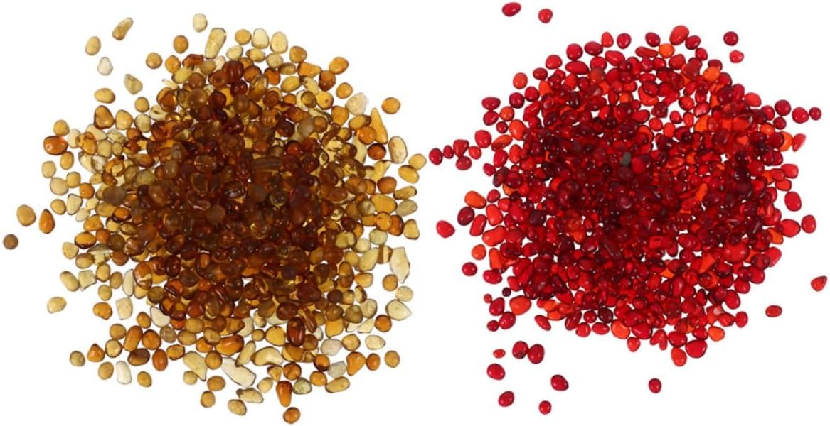 COHEALI Aquarium Pebbles and Fish Tank Stones Set, Natural Colored Glass Gravel 500g (China Red 250g + Amber 250g), Delicate Substrate Gravel for Freshwater Aquariums and Terrarium Decor