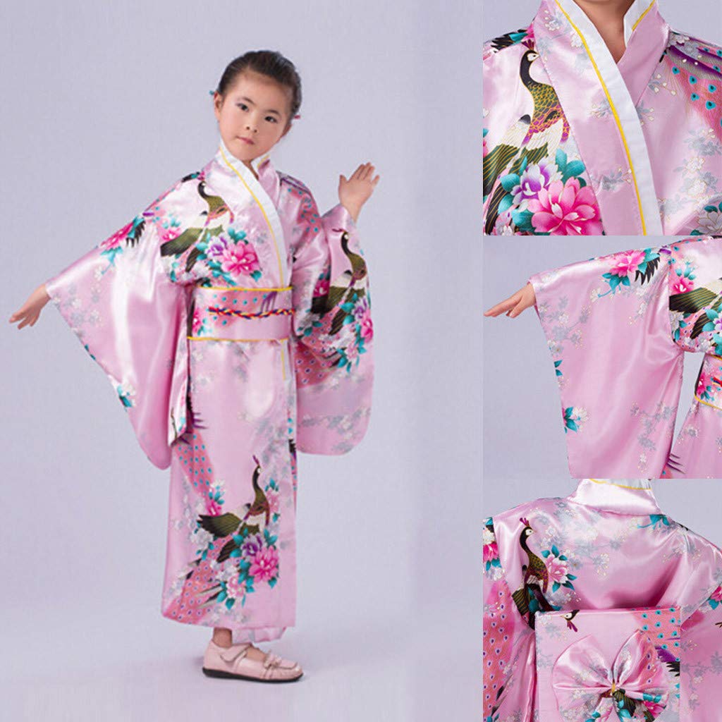 Kimono tradicional japonés para niñas vestido de geisha yukata conjunto de satén
