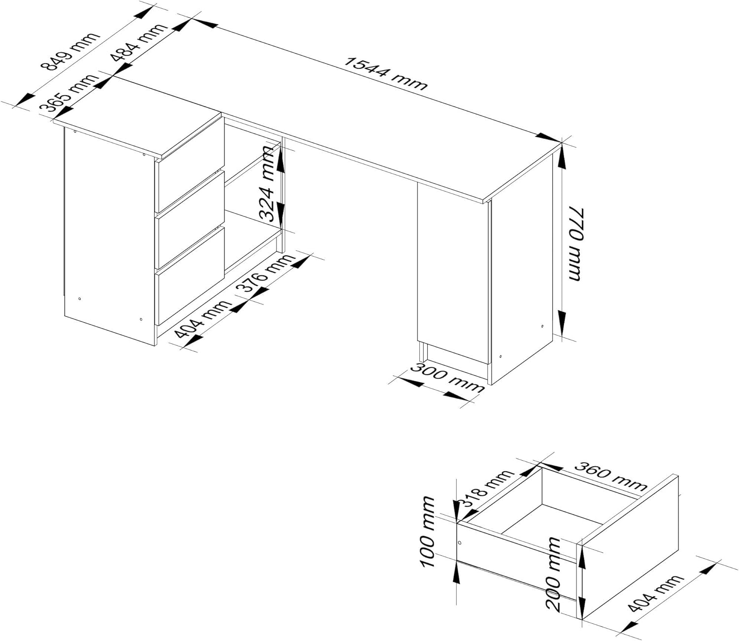 Technical drawing with dimensions of the AKORD B-20 Corner Computer Desk, showing length, width, and height measurements in millimeters.