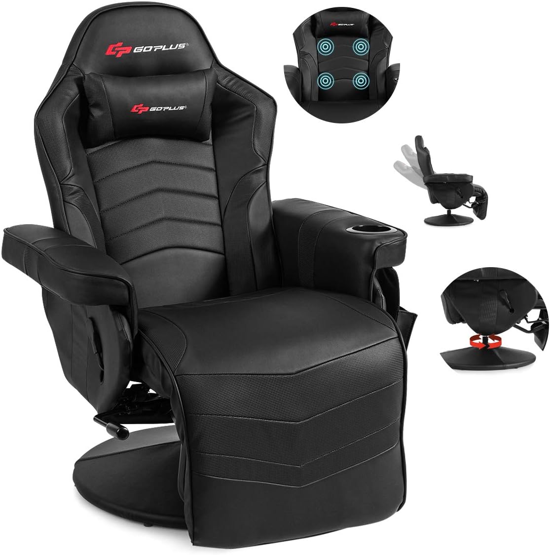 POWERSTONE Gaming Recliner Massage Gaming Chair with Footrest Ergonomic PU Leather Single Sofa with Cup Holder Headrest and Side Pouch, Adjustable Living Room Chair Seating, Black