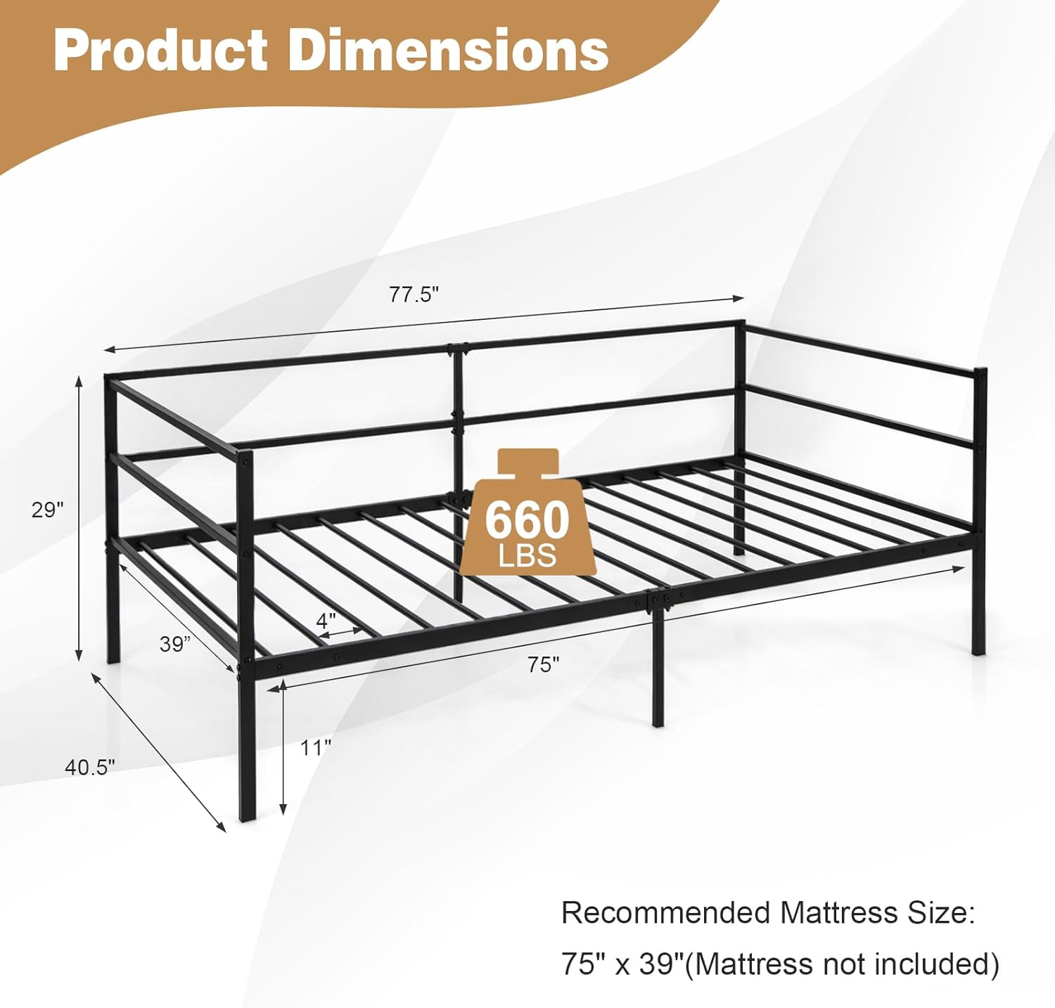 Daybed Frame, Metal Twin Size Platform Bed with Heavy Duty Slat Support, Space-Saving Sofa Bed Frame for Living Room Bedroom Guest Room, No Box Spring Needed - Black