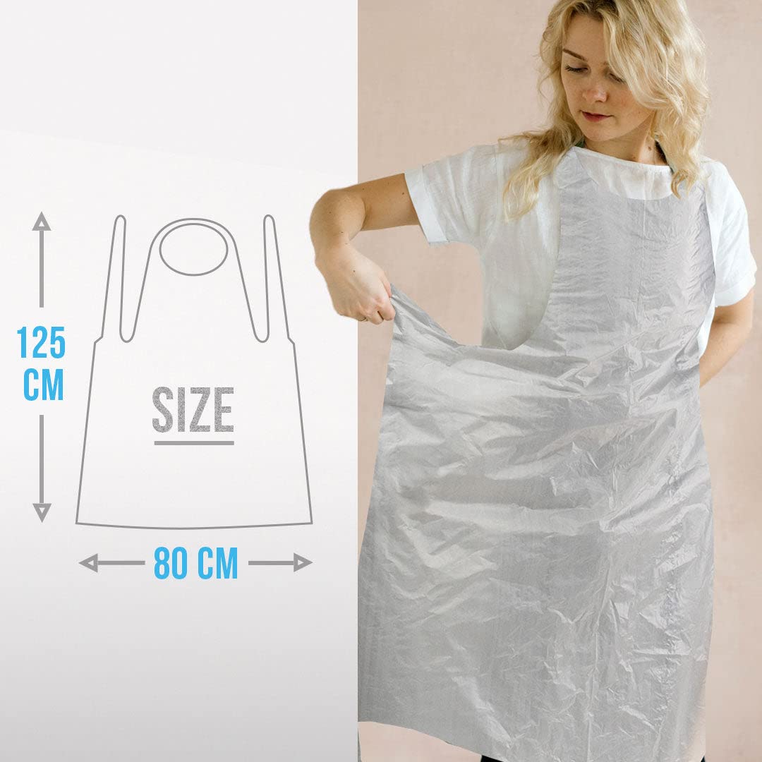 ARESO | Delantales Desechables Adulto 100 Unidades, Delantal Plastico Impermeable y Reciclable, Mandil Blanco con Nudo en Espalda, Delantal Cocina, Pintura, Laboratorio