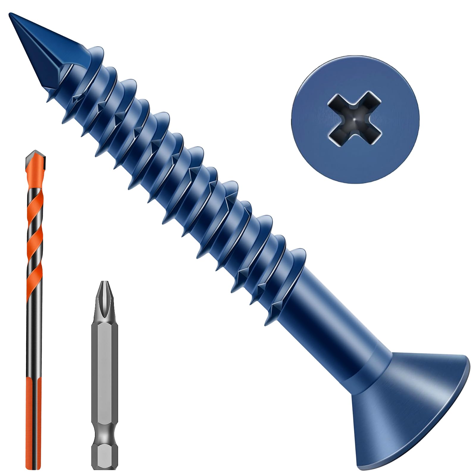 Zynthor 6.5 x 57mm Concrete Screws, 50 Pcs Blue Flat Head Concrete Screws Anchor Kit with Drill Bit and Screwdriver Bit, for Masonry, Cement, Block, Brick or Stucco