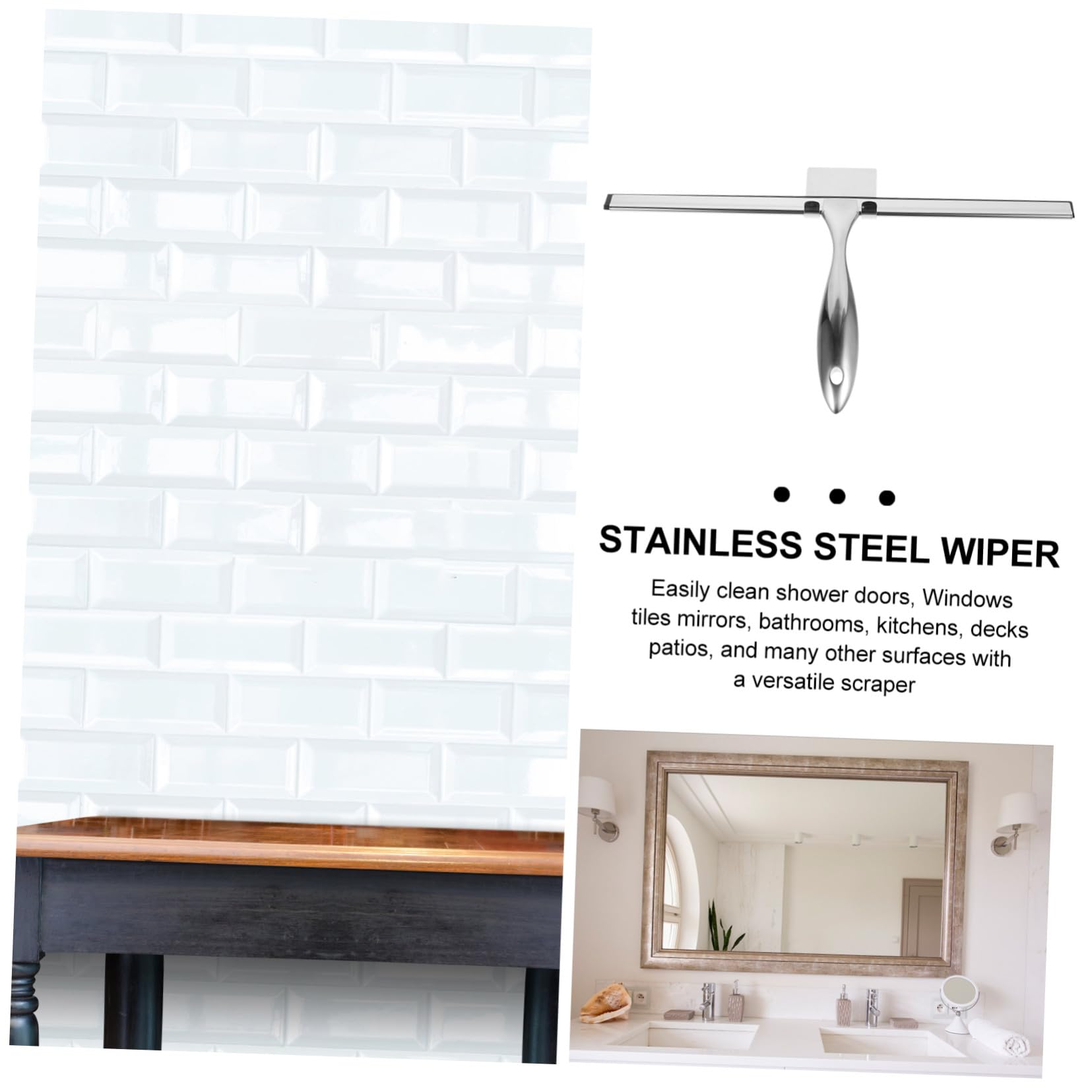 Limpiador de Ducha Gancho Adhesivo de Acero Inoxidable de 14 Pulgadas | Silicona, Acabado Plata, para Espejo y Azulejo, Almacenamiento Fácil, Baño y Lavandería
