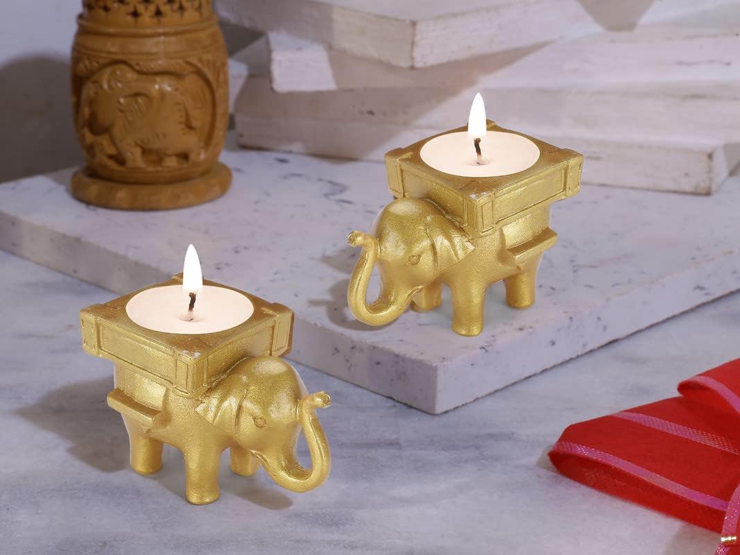 Divyakosh Elephant Candy Tealight Holders for Home Decoration, Diya for Diwali, Candle Tea Lights for Festival Decoration, Deepawali, Lamp, Dhipam. Diwali Diya for Puja| Reusable | Gift| 2 Pcs- Gold