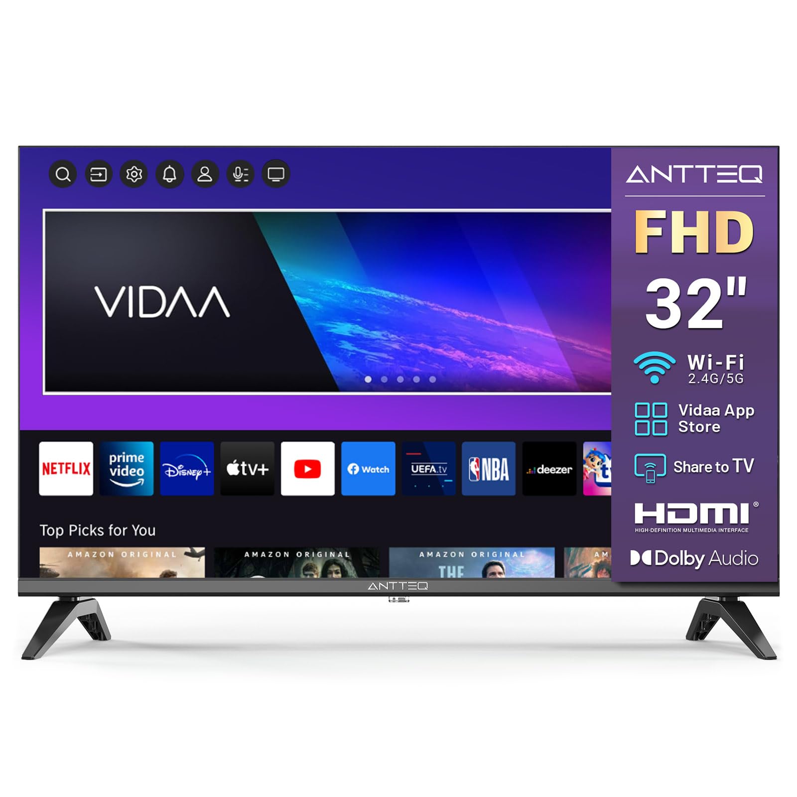 Antteq L32 Smart TV 32 Zoll Full HD, VIDAA OS, Ultra Slim TV Wi-Fi Triple Tuner DVB-T2/S2/C, App Store, Share to TV, DAZN, Netflix, Prime Video, YouTube [Energy Efficiency Class F]