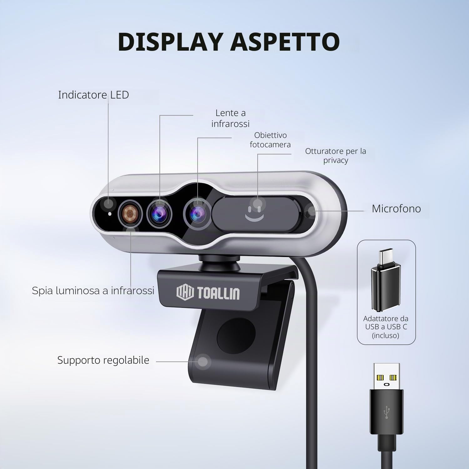TOALLIN Webcam 2K con Windows Hello, riconoscimento facciale, 5 milioni di pixel, fotocamera per computer con autofocus, webcam USB con microfono e otturatore per la privacy
