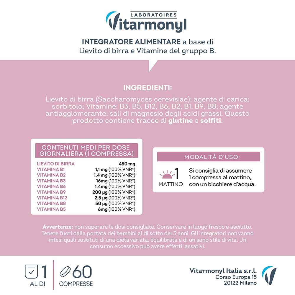 Lievito di Birra - Per Capelli e Pelle - Con Biotina - Con Vitamina B12, B2, B3, B6, B9, B1-60 Compresse - Vitarmonyl