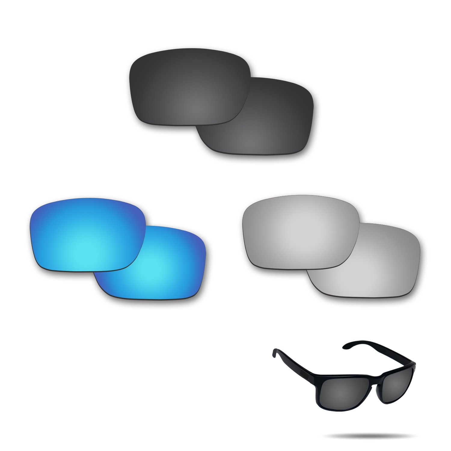 fiskr anti-saltwater Polarisierte Ersatz Gläser für Oakley Holbrook 3 Paar Pack, Stealth Black & Metallic Silver & Ice Blue