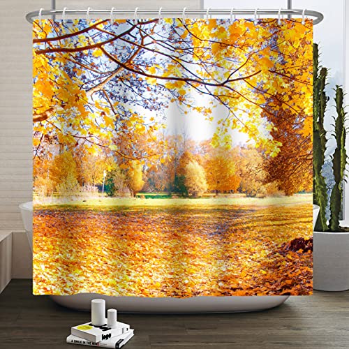 Bovlleetd Autumn Shower Curtain Forest Yellow Shower Curtains Natural Scenery Bathtub Decorative Curtain with Hooks Fall Thanksgiving Theme Bath Decor 71x71inch - Image 2