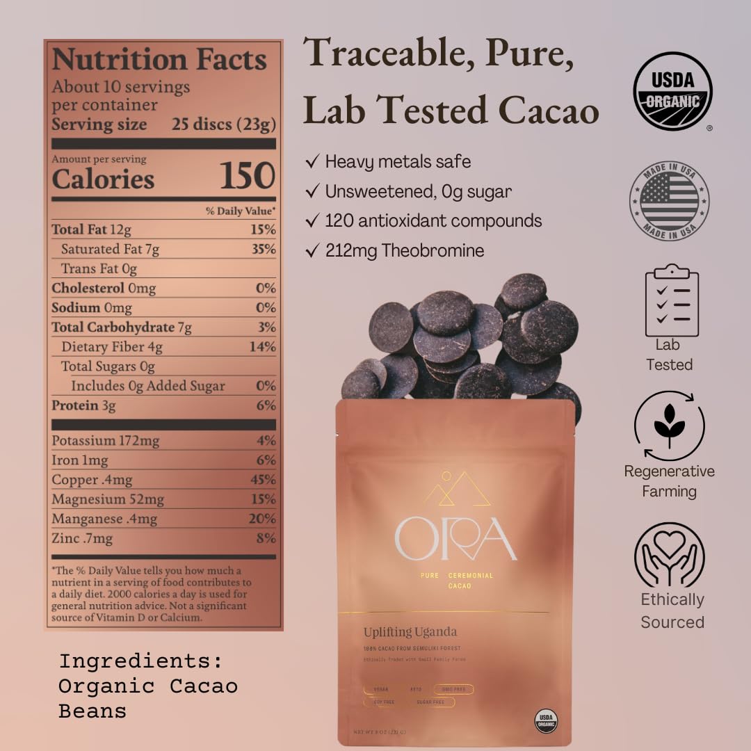 ORA Ceremonial Cacao - Uplifting Uganda - Organic 100% Cacao - Ethical - Regenerative - High Flavanol - Coffee Alternative - Better Energy - Heavy Metals Tested - Unsweetened - 8oz